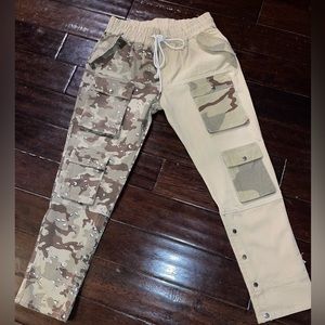 Men’s cargo pants, elastic tie waist, khaki and camouflage two-tone pants